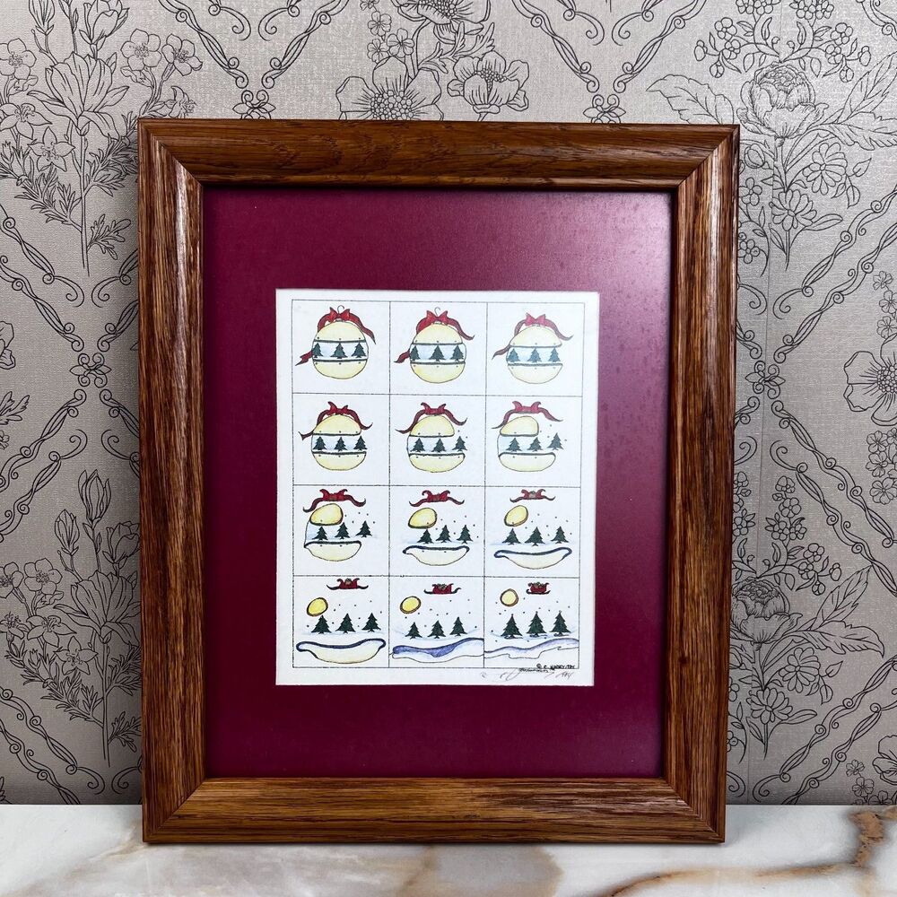 Vtg E Halsey Transformation Print From Ornament to Winter Scene Santa Signed